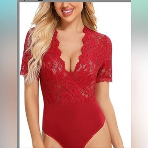 Women Lace Bodysuit Sexy Deep V Snap Crotch Short Sleeve